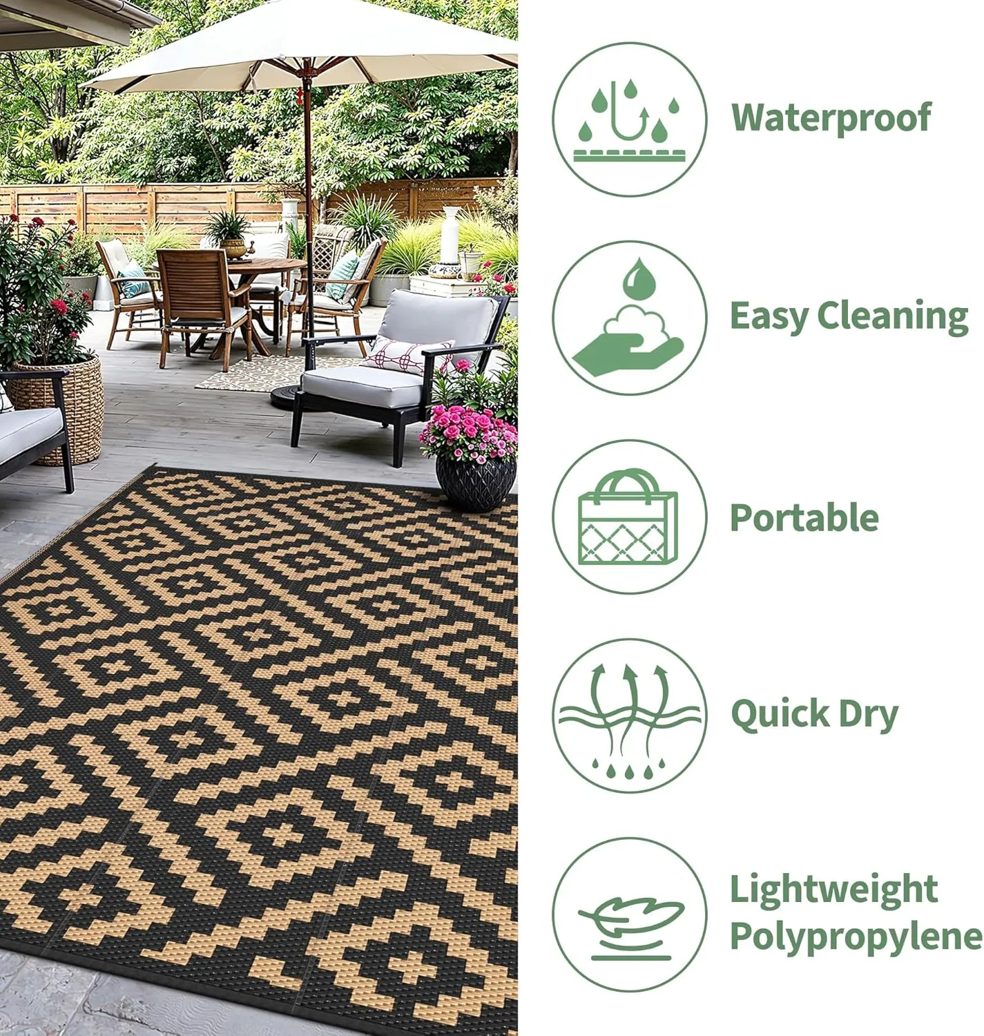 Outdoor Rug for Patio - Waterproof Plastic Straw Camping Rugs 4x6 ft, Reversible Outdoor Indoor RV Mat Carpet for Patio, Porch, Deck, Balcony, Picnic, Beach, Black Brown
