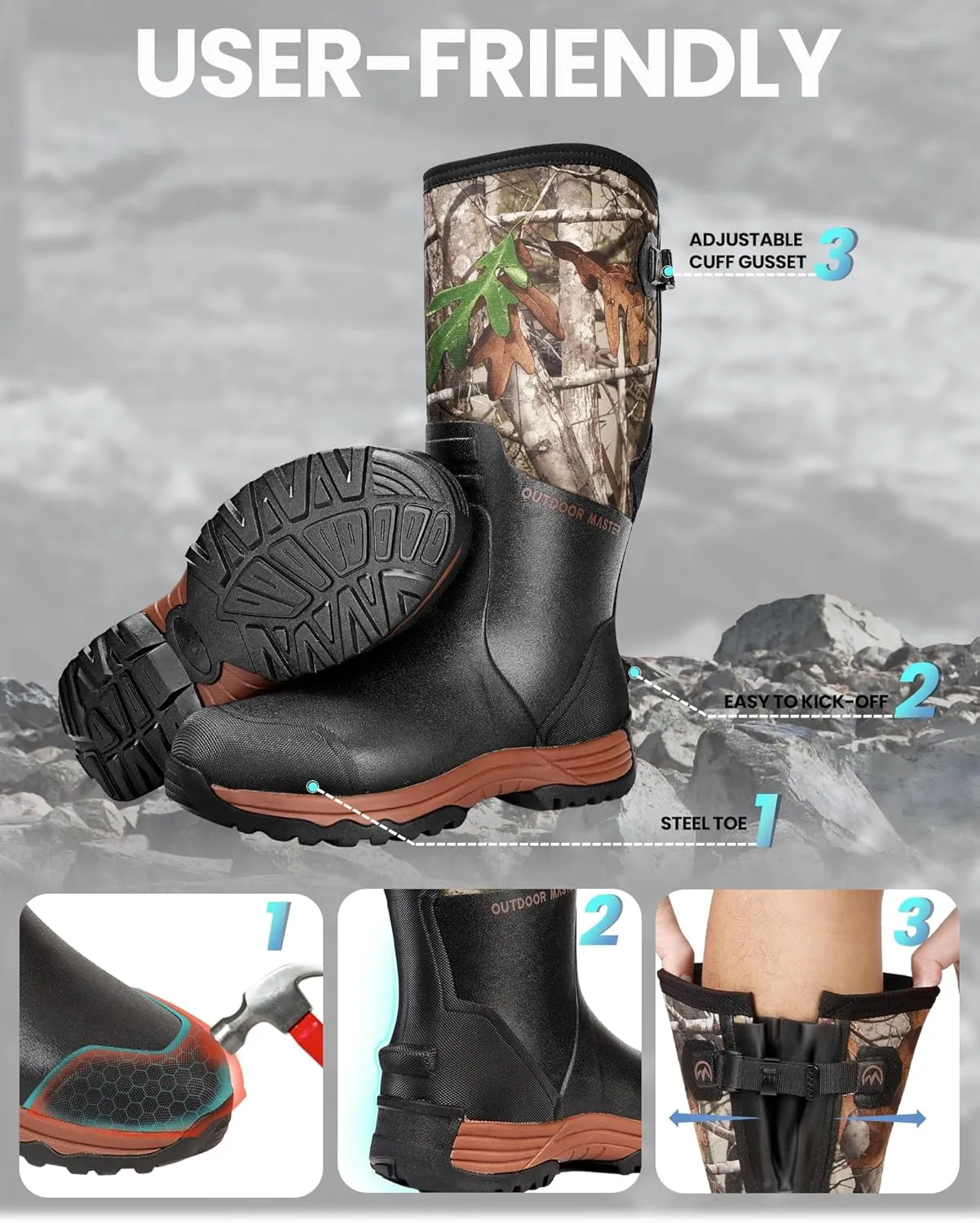 OutdoorMaster Hunting Boots for Men, Waterproof Rubber Neoprene Boots, Anti-slipped Insulated Outdoor Boots