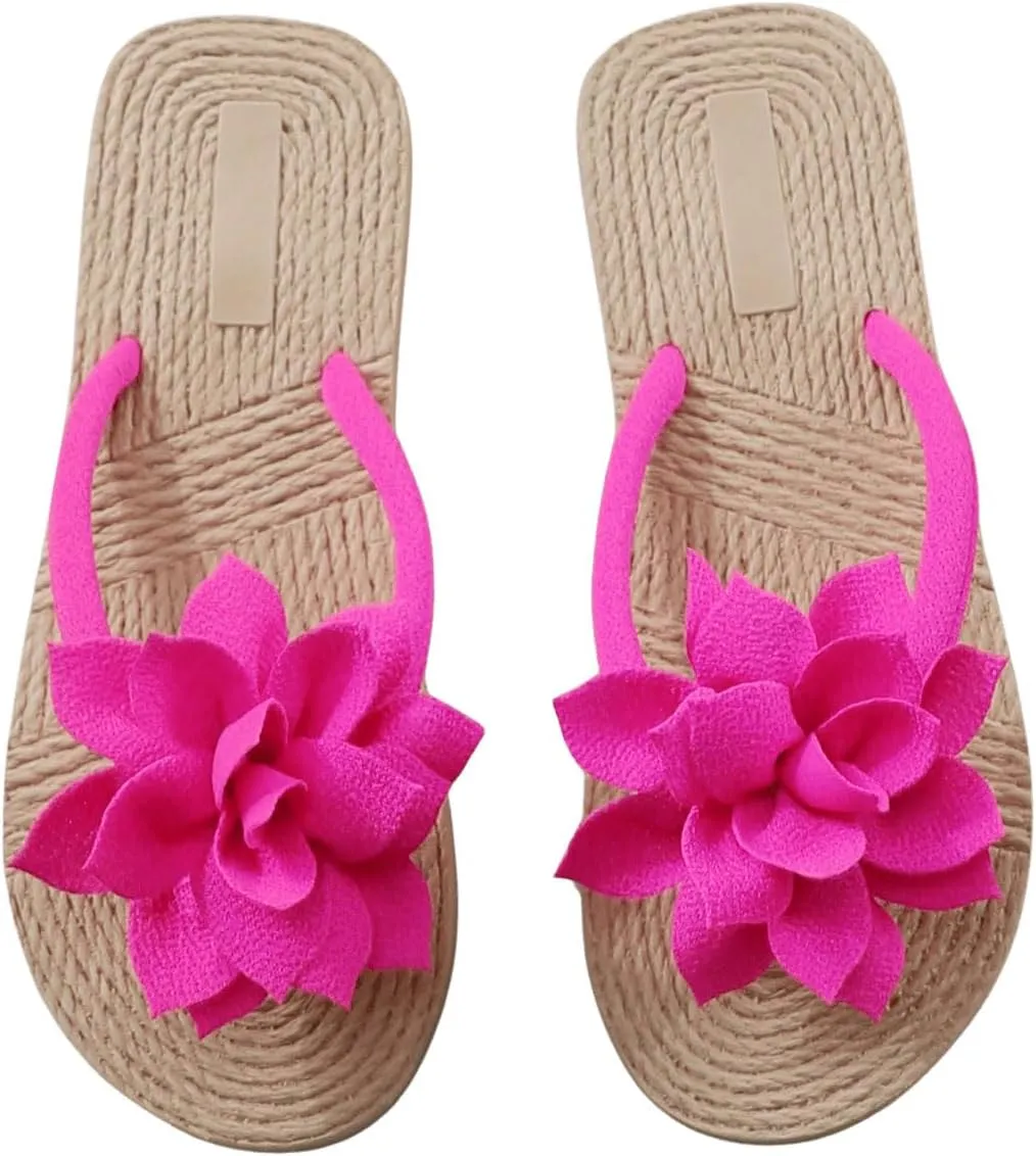 OYOANGLE Women's Applique Decor Open Toe Flip Flop Sandals Casual Outdoor Flat Slippers