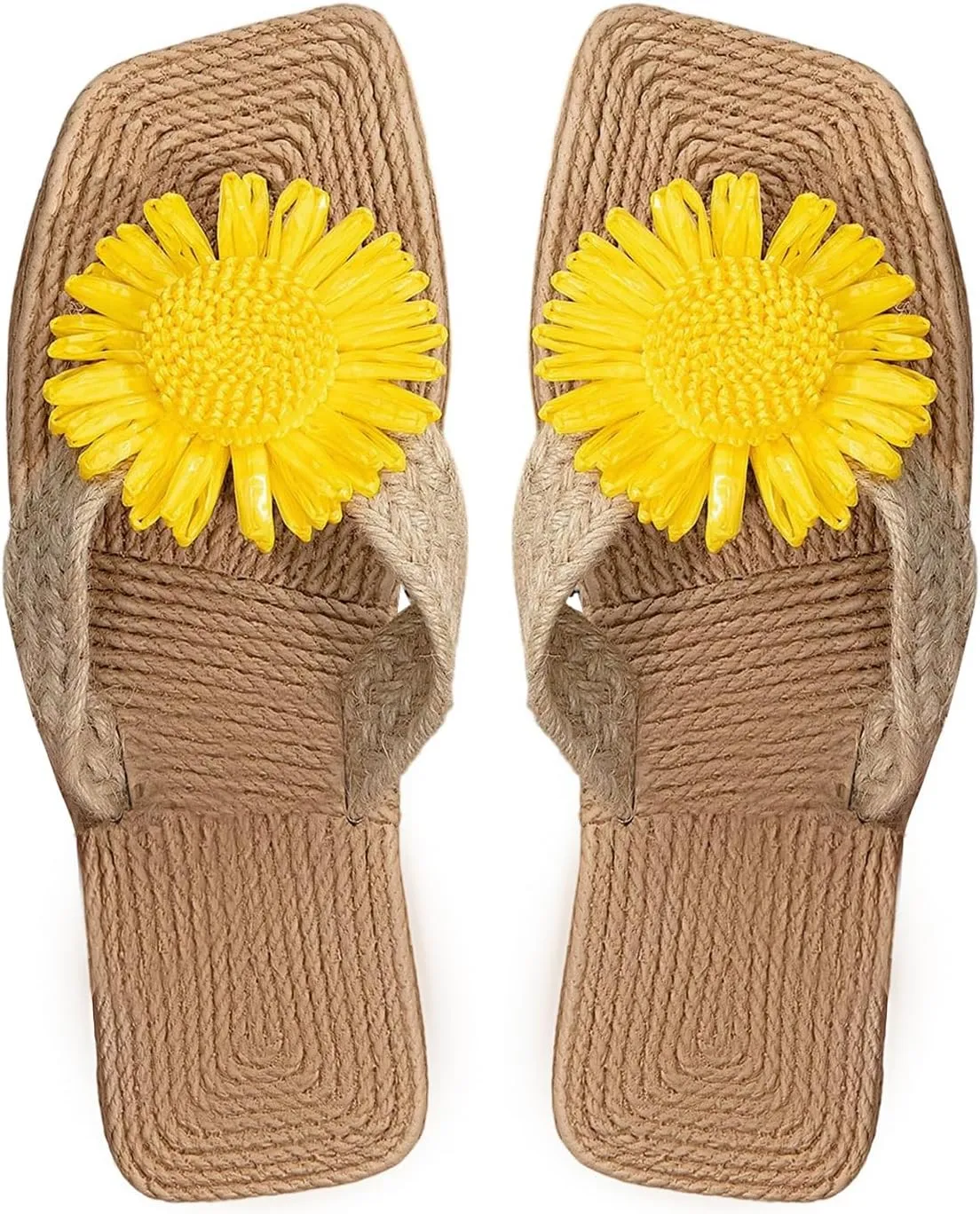 OYOANGLE Women's Boho Floral Decor Straw Flip Flop Sandals Square Open Toe Slide Sandal Slippers