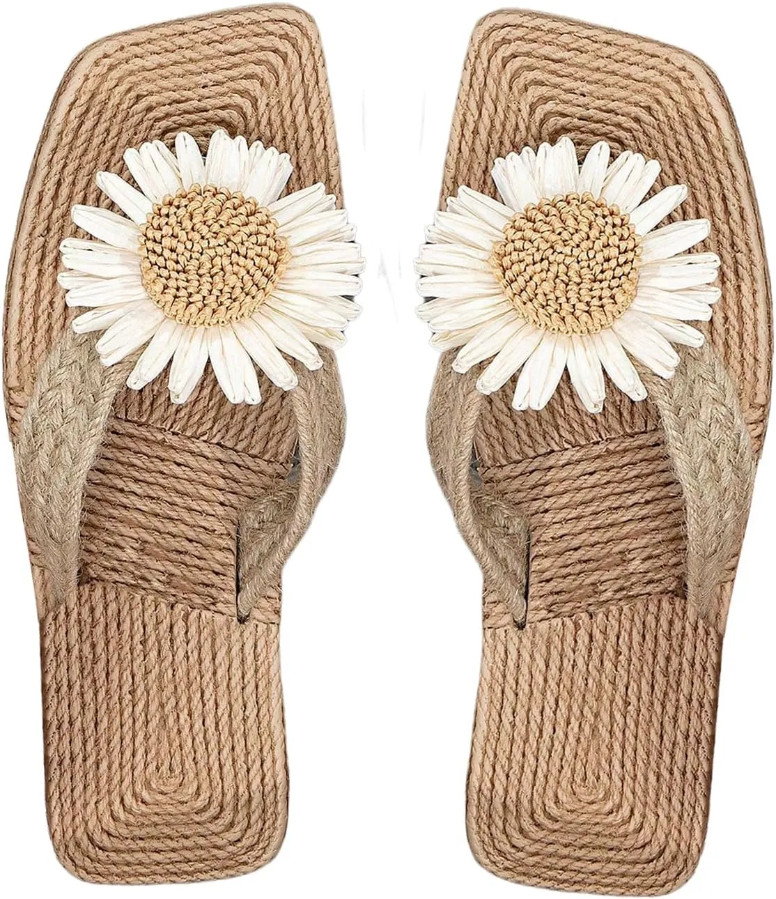 OYOANGLE Women's Boho Floral Decor Straw Flip Flop Sandals Square Open Toe Slide Sandal Slippers
