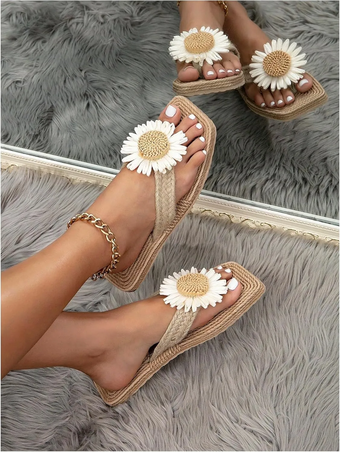 OYOANGLE Women's Boho Floral Decor Straw Flip Flop Sandals Square Open Toe Slide Sandal Slippers