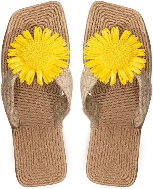 OYOANGLE Women's Boho Floral Decor Straw Flip Flop Sandals Square Open Toe Slide Sandal Slippers