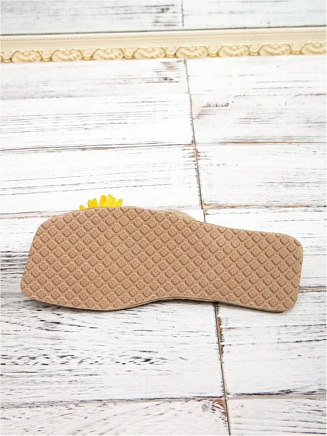 OYOANGLE Women's Boho Floral Decor Straw Flip Flop Sandals Square Open Toe Slide Sandal Slippers