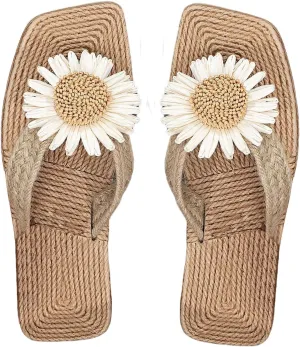 OYOANGLE Women's Boho Floral Decor Straw Flip Flop Sandals Square Open Toe Slide Sandal Slippers
