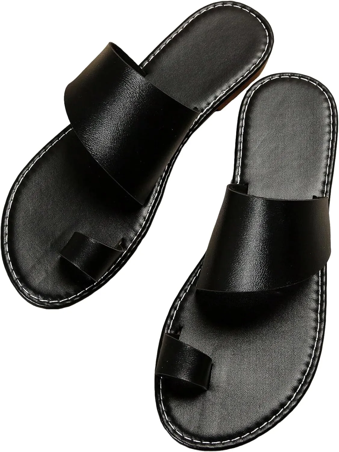 OYOANGLE Women's Toe Ring Open Toe Flat Sandals Strappy Solid Non Slip Outdoor Beach Slides Slippers