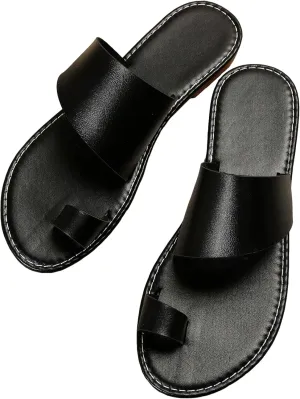 OYOANGLE Women's Toe Ring Open Toe Flat Sandals Strappy Solid Non Slip Outdoor Beach Slides Slippers