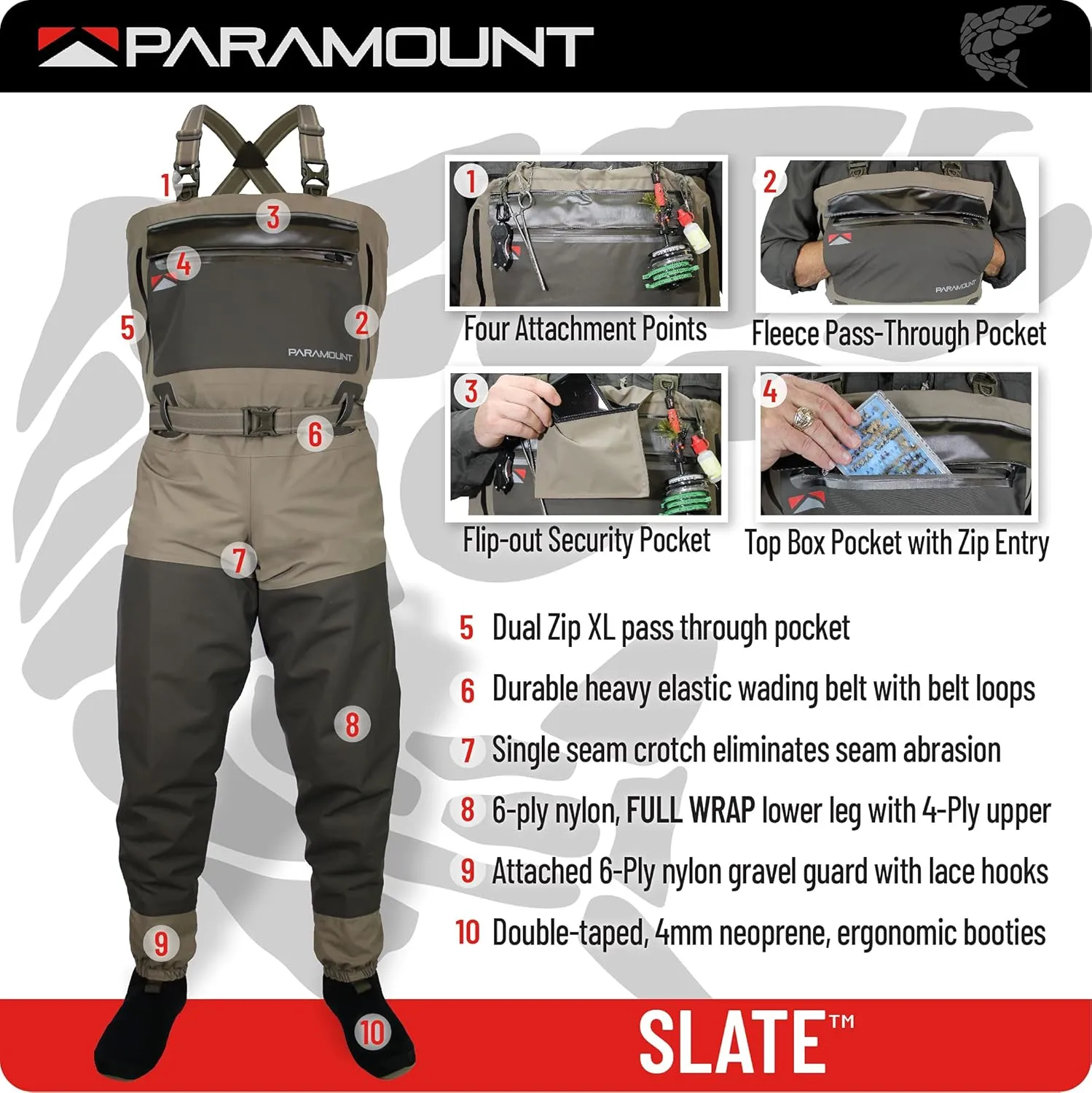 Paramount Outdoors Slate Breathable Stockingfoot Full Wrap 6-Ply Fishing Chest Wader