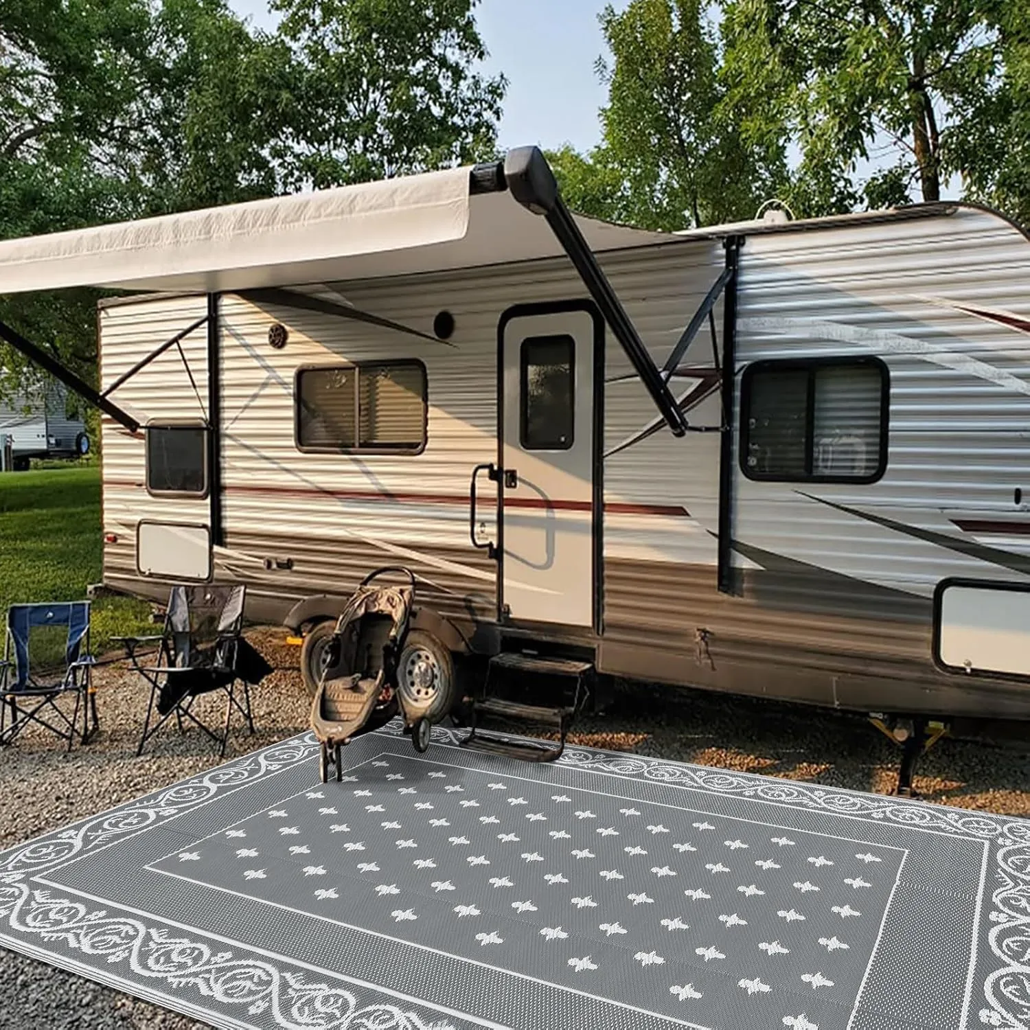 Pauwer Waterproof Outdoor Rug 6x9, Reversible Plastic Straw Patio Camping Rug, Indoor Outdoor RV Mat Carpet for Deck, Camper, Porch, Balcony, Backyard, Picnic, Bordered Grey