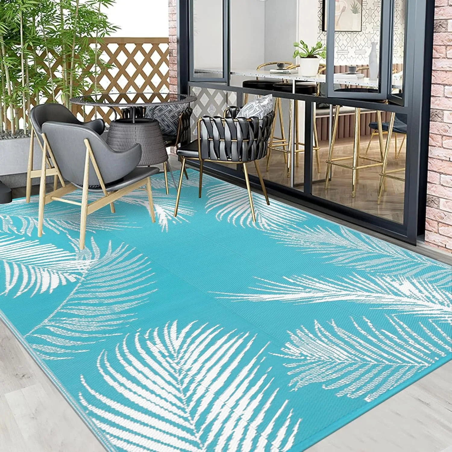 Pauwer Waterproof Outdoor Rug 8x10, Reversible Plastic Straw Patio Camping Rug, Indoor Outdoor RV Mat Carpet for Deck, Camper, Porch, Balcony, Backyard, Picnic, Leaf Teal