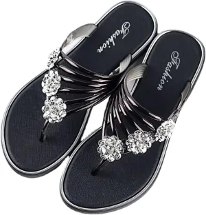 pearlzone Women's Flat Sandals Comfortable,Peep Toe Sparkly Rhinestone Flower Slipper Slip on Backless Anti-Slip Thong Flip Flop