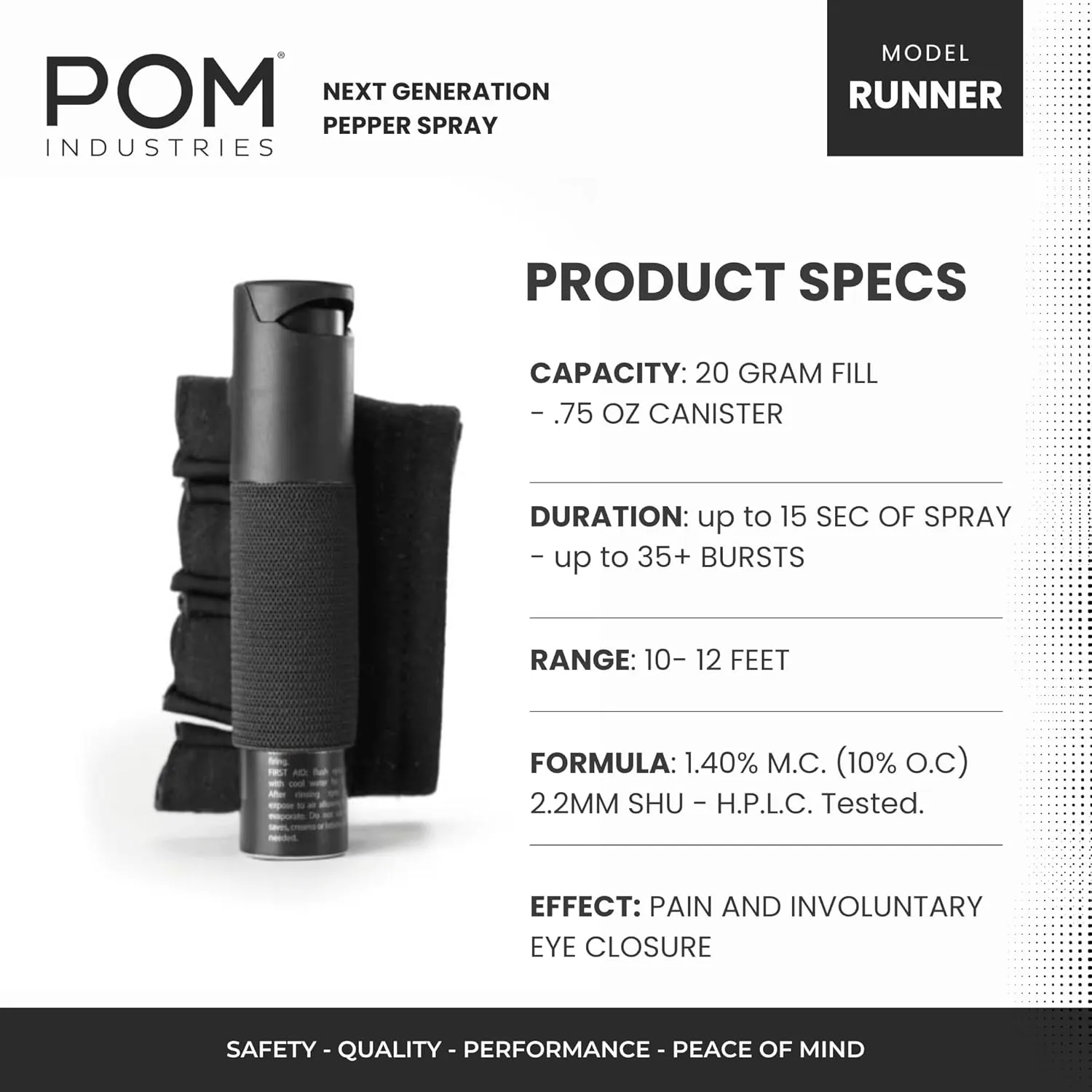 POM Pepper Spray Runner Model - Max Strength OC Spray - Athletic Stretch-Fit Glove, Breathable & Ambidextrous Design, Essential Runners Safety Gear, Flip Top, 35  Bursts, 10-12 ft Range