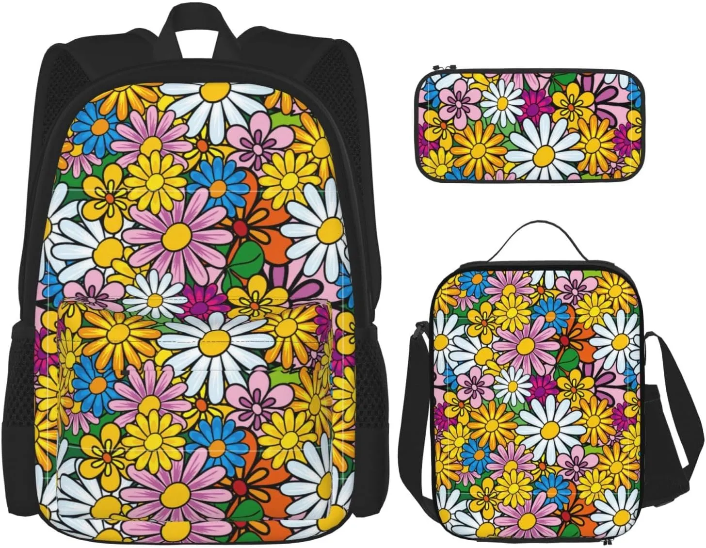 Premium Cartoon cute flowers Print 3-in-1 Backpack Set with Lunch Bag & Pencil Case Portable Bag Set