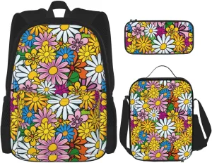Premium Cartoon cute flowers Print 3-in-1 Backpack Set with Lunch Bag & Pencil Case Portable Bag Set