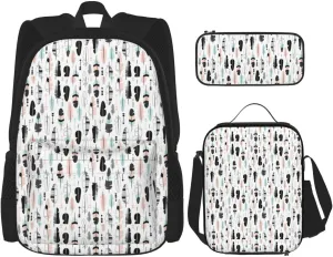 Premium feather. Print 3-in-1 Backpack Set with Lunch Bag & Pencil Case Portable Bag Set