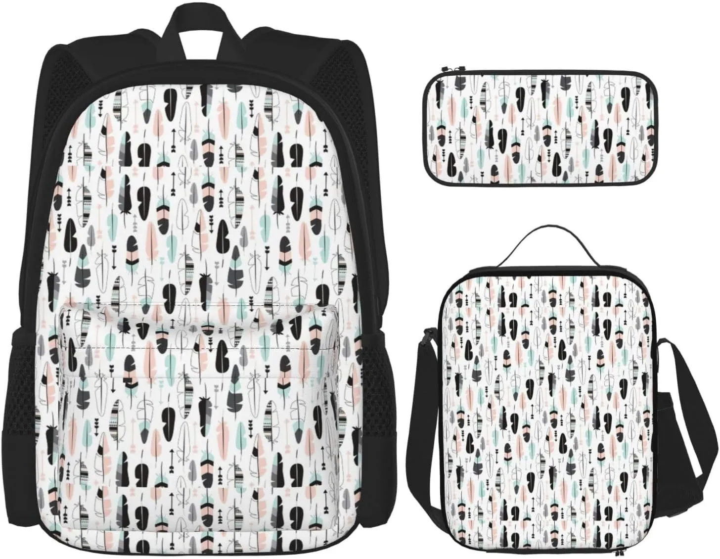 Premium feather. Print 3-in-1 Backpack Set with Lunch Bag & Pencil Case Portable Bag Set