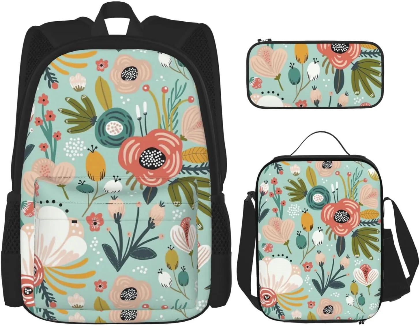 Premium Flowers Print 3-in-1 Backpack Set with Lunch Bag & Pencil Case Portable Bag Set