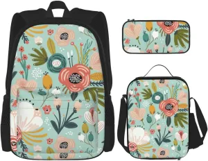 Premium Flowers Print 3-in-1 Backpack Set with Lunch Bag & Pencil Case Portable Bag Set