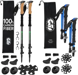 Premium Foldable & Collapsible Trekking Poles by USA Brand – Ultra Strong Lightweight Hiking Poles – 3K Black 100% Carbon Fiber Trekking Poles (Cork Grips) & Blue Foldable Hiking Set (EVA Cork Grips)
