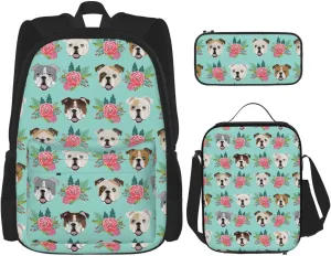 Premium Funny English Dog Print 3-in-1 Backpack Set with Lunch Bag & Pencil Case Portable Bag Set