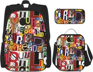 Premium Letter and number Print 3-in-1 Backpack Set with Lunch Bag & Pencil Case Portable Bag Set