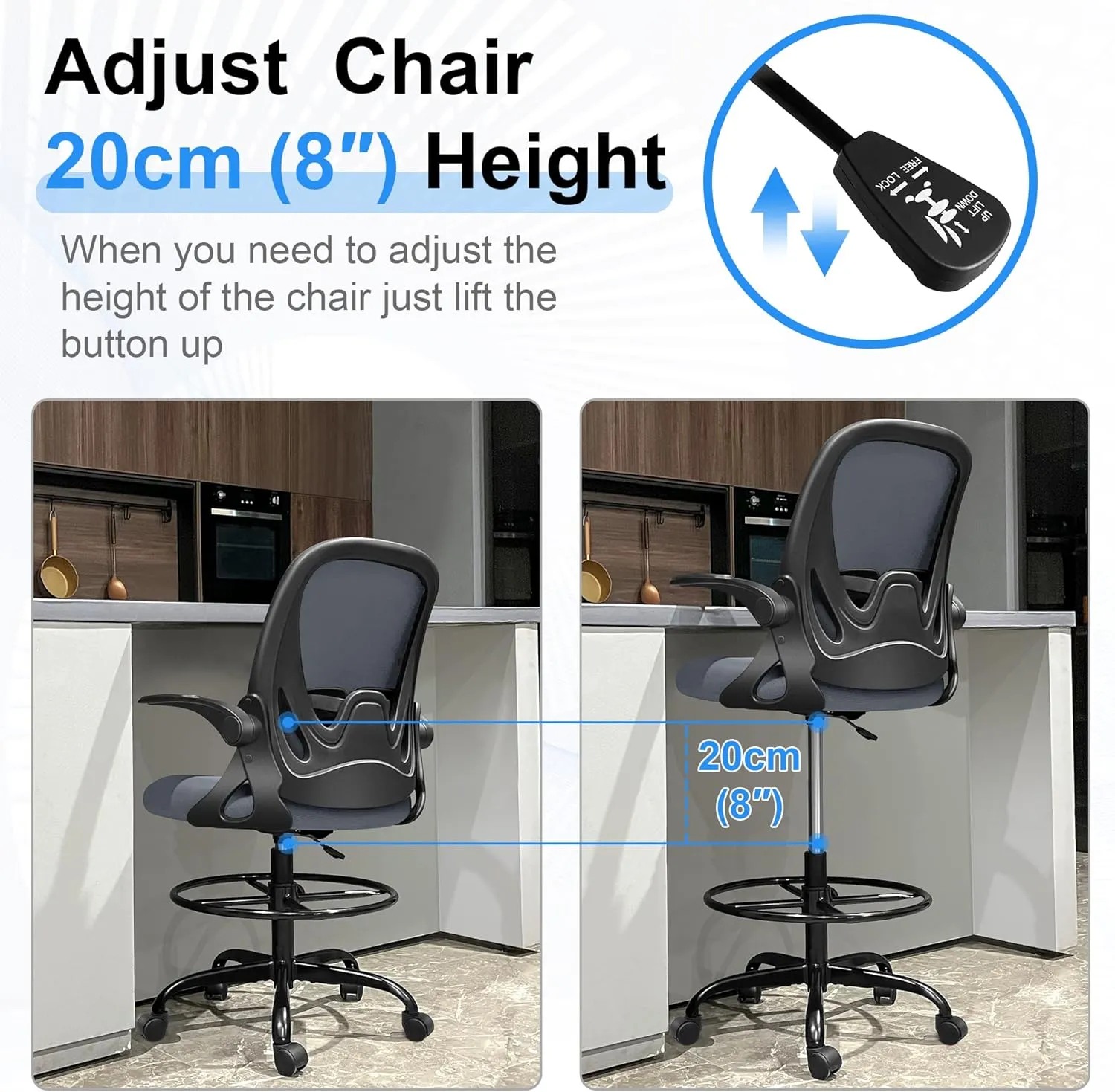 Primy Drafting Chair Tall Office Chair with Flip-up Armrests Executive Ergonomic Computer Standing Desk Chair with Lumbar Support and Adjustable Footrest Ring（Dark Gray）