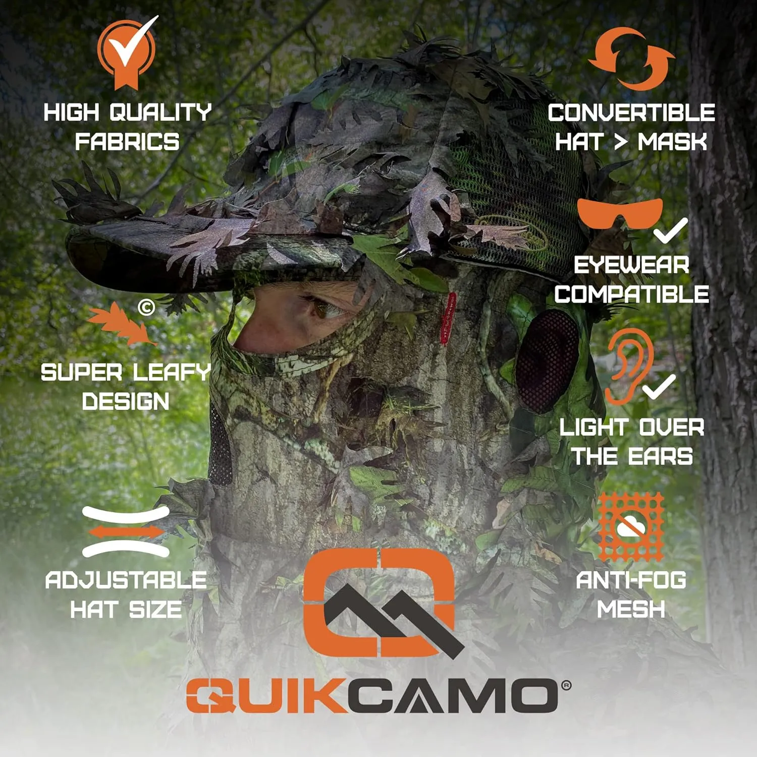 QuikCamo Lightweight 3D Leafy Camo Face Mask & Hat for Hunting, OSFM Adjustable Camouflage Hat, Mossy Oak & Realtree