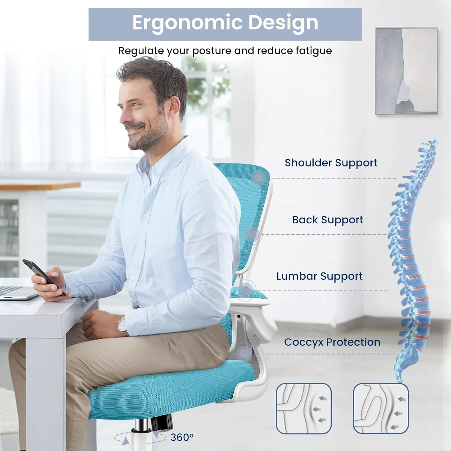 Razzor Ergonomic Desk Chair with Lumbar Support and Adjustable Armrests, Breathable Mesh Mid Back Computer Chair, Reclining Office Chair for Home Office - Blue