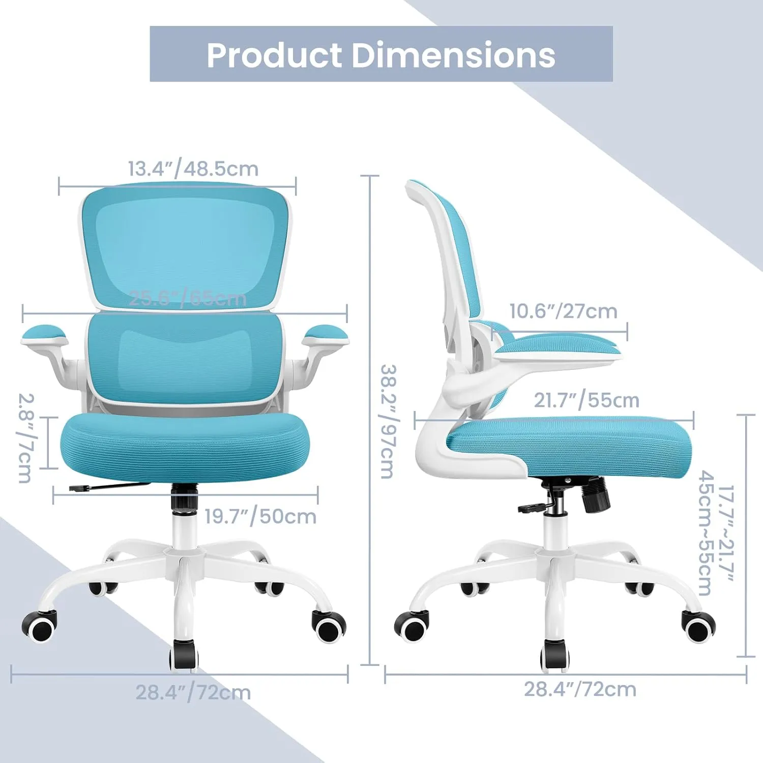 Razzor Ergonomic Desk Chair with Lumbar Support and Adjustable Armrests, Breathable Mesh Mid Back Computer Chair, Reclining Office Chair for Home Office - Blue