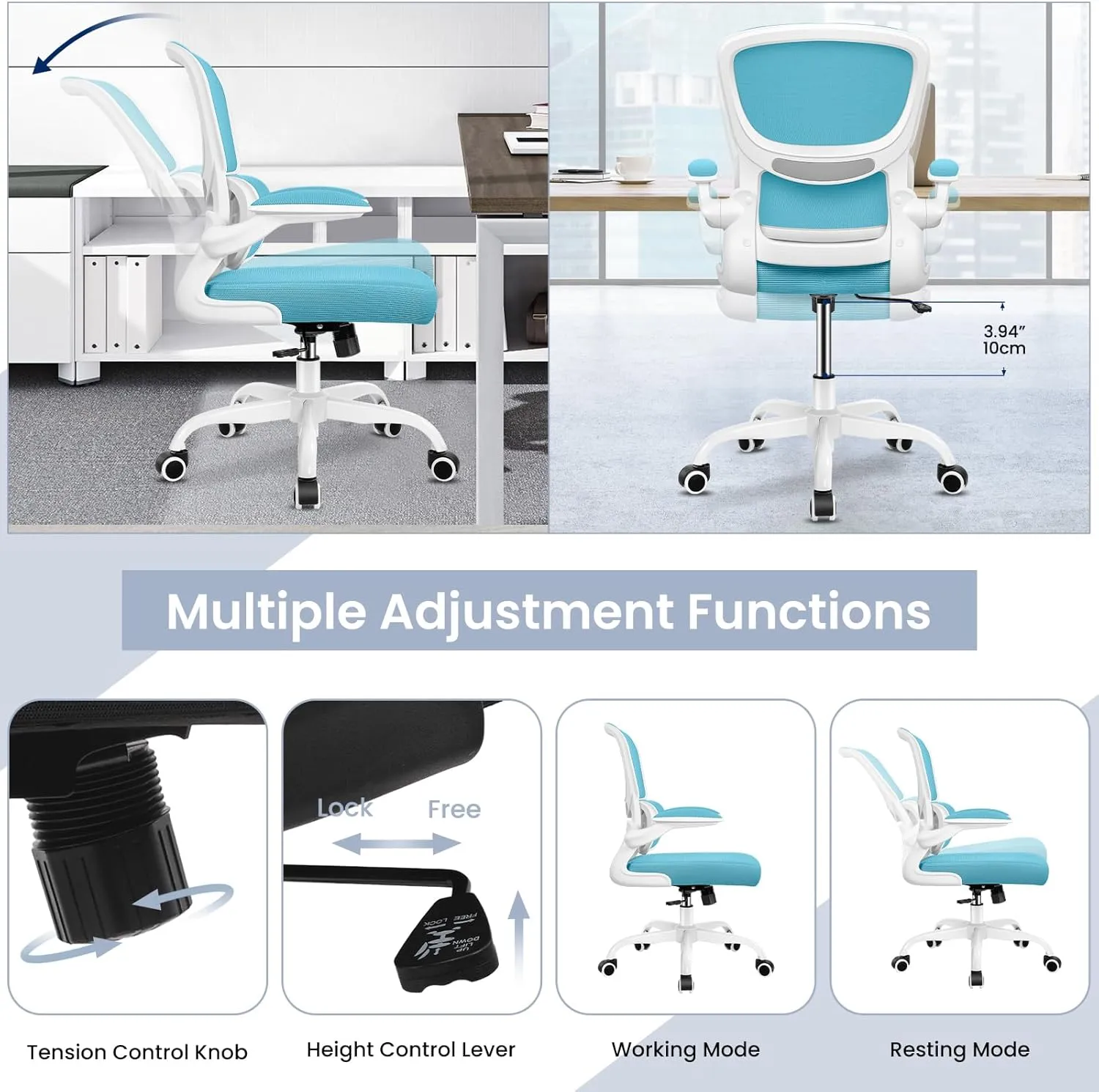 Razzor Ergonomic Desk Chair with Lumbar Support and Adjustable Armrests, Breathable Mesh Mid Back Computer Chair, Reclining Office Chair for Home Office - Blue