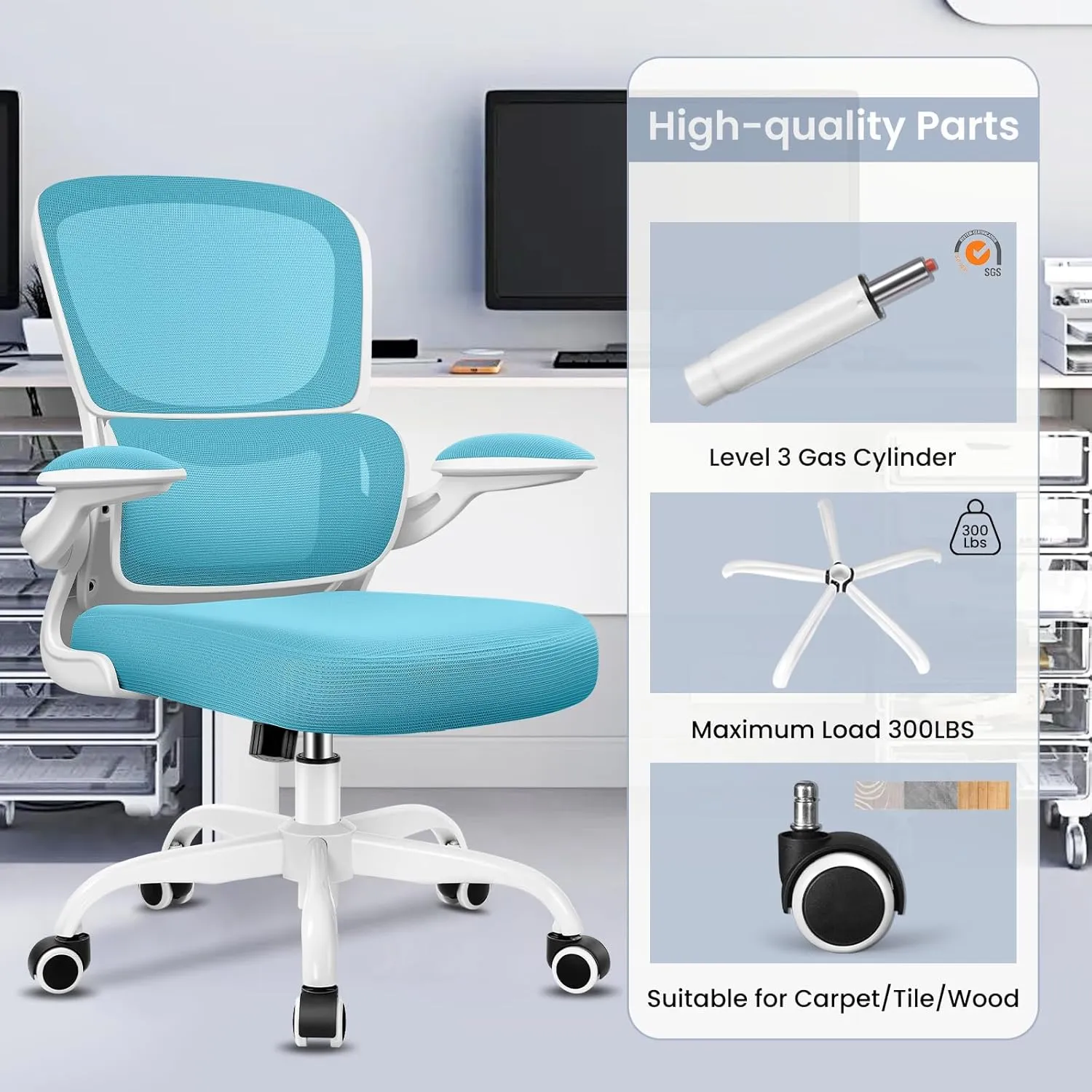 Razzor Ergonomic Desk Chair with Lumbar Support and Adjustable Armrests, Breathable Mesh Mid Back Computer Chair, Reclining Office Chair for Home Office - Blue
