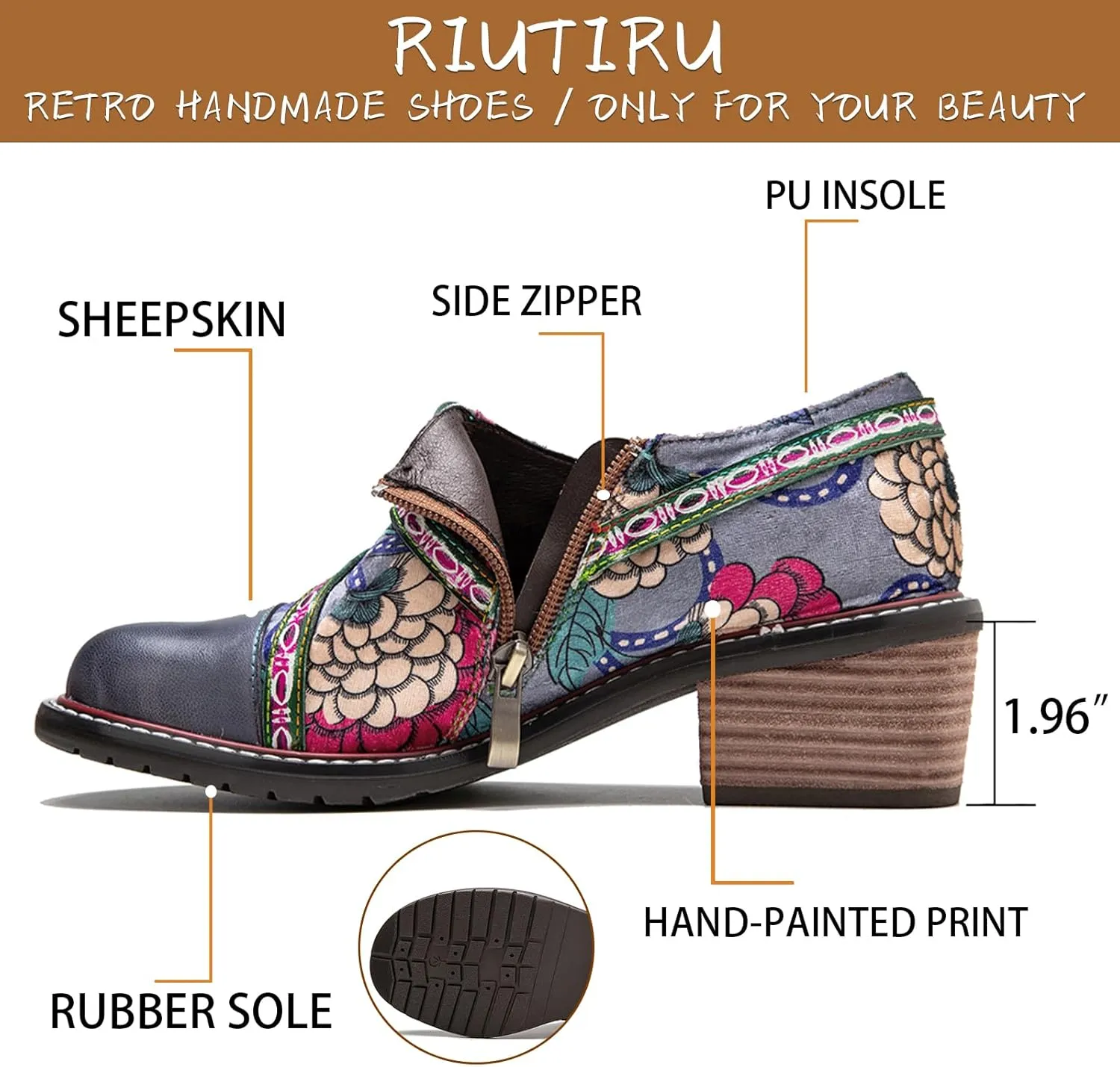 Riutiru Women's Handmade Lambskin Mary Jane Loafers Shoes, Retro Ethnic Print Style and Brock-Style Design