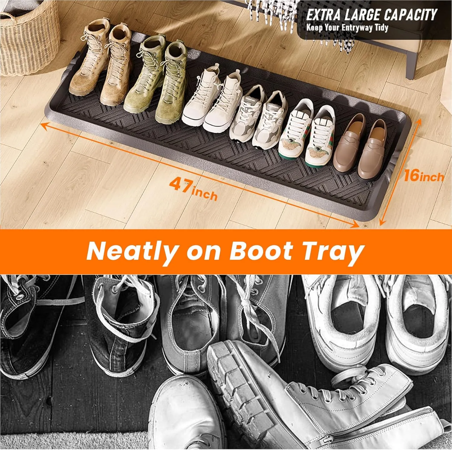 Rubber Boot Tray, Shoe Trays for Entryway, Versatile Boot Mat Tray with Raised Edge, 47"x16" Rubber Mat for Shoe Organizer Indoor/Outdoor Use