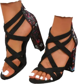 SACFOF Womens Ankle Strap Dress Pump High Chunky Heel Sandals Crisscross Back Zip Up Dress Party Shoes