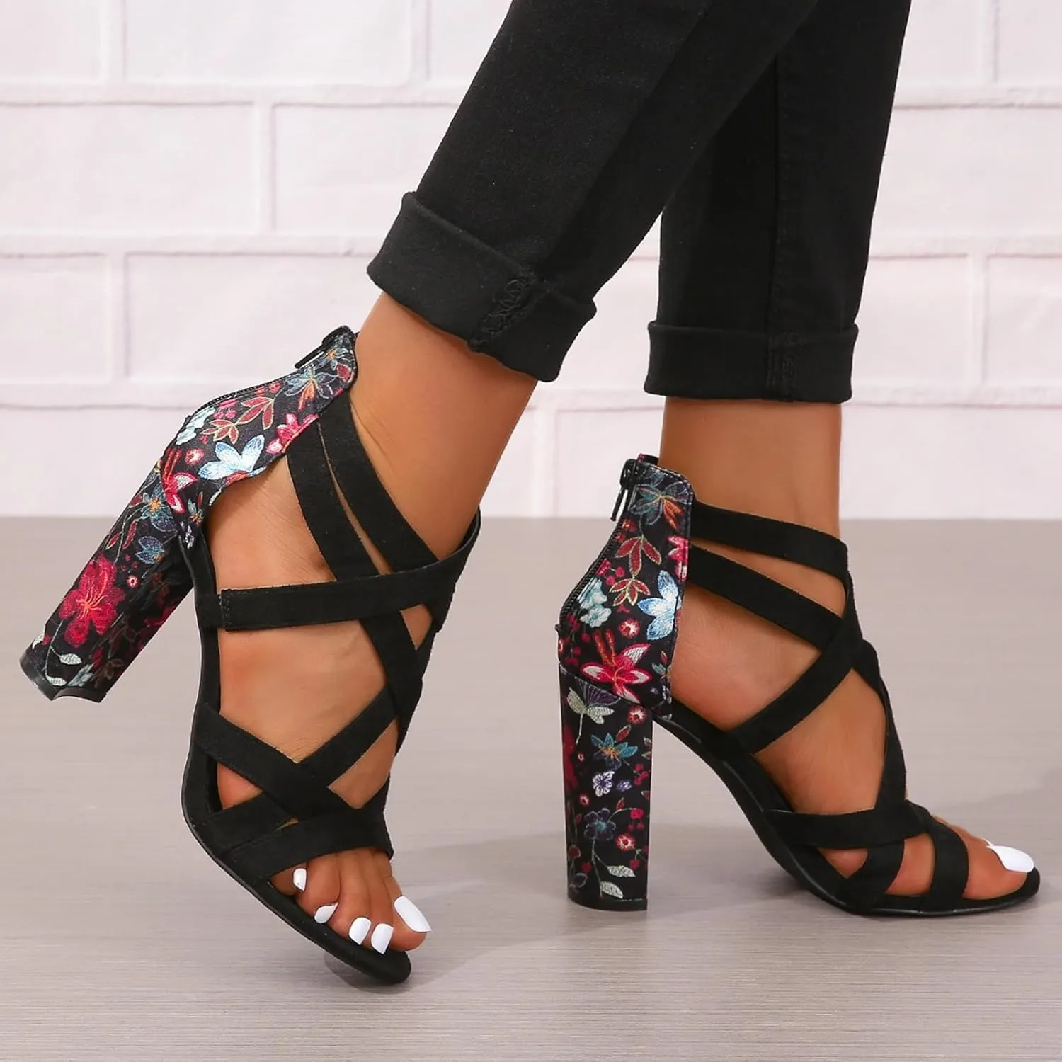 SACFOF Womens Ankle Strap Dress Pump High Chunky Heel Sandals Crisscross Back Zip Up Dress Party Shoes