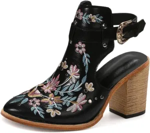 SACFOF Women's Floral Embroidery Ankle Boots Buckled Backless Western Vintage Wooden Chunky Heeled Cowgirl Short Booties