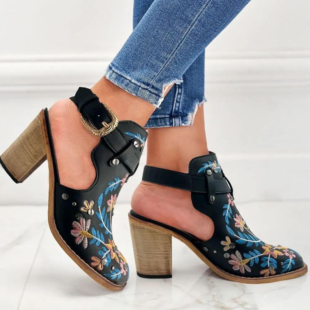 SACFOF Women's Floral Embroidery Ankle Boots Buckled Backless Western Vintage Wooden Chunky Heeled Cowgirl Short Booties