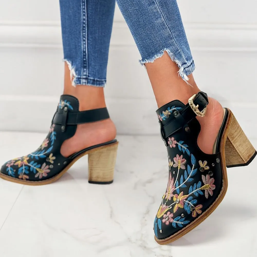SACFOF Women's Floral Embroidery Ankle Boots Buckled Backless Western Vintage Wooden Chunky Heeled Cowgirl Short Booties
