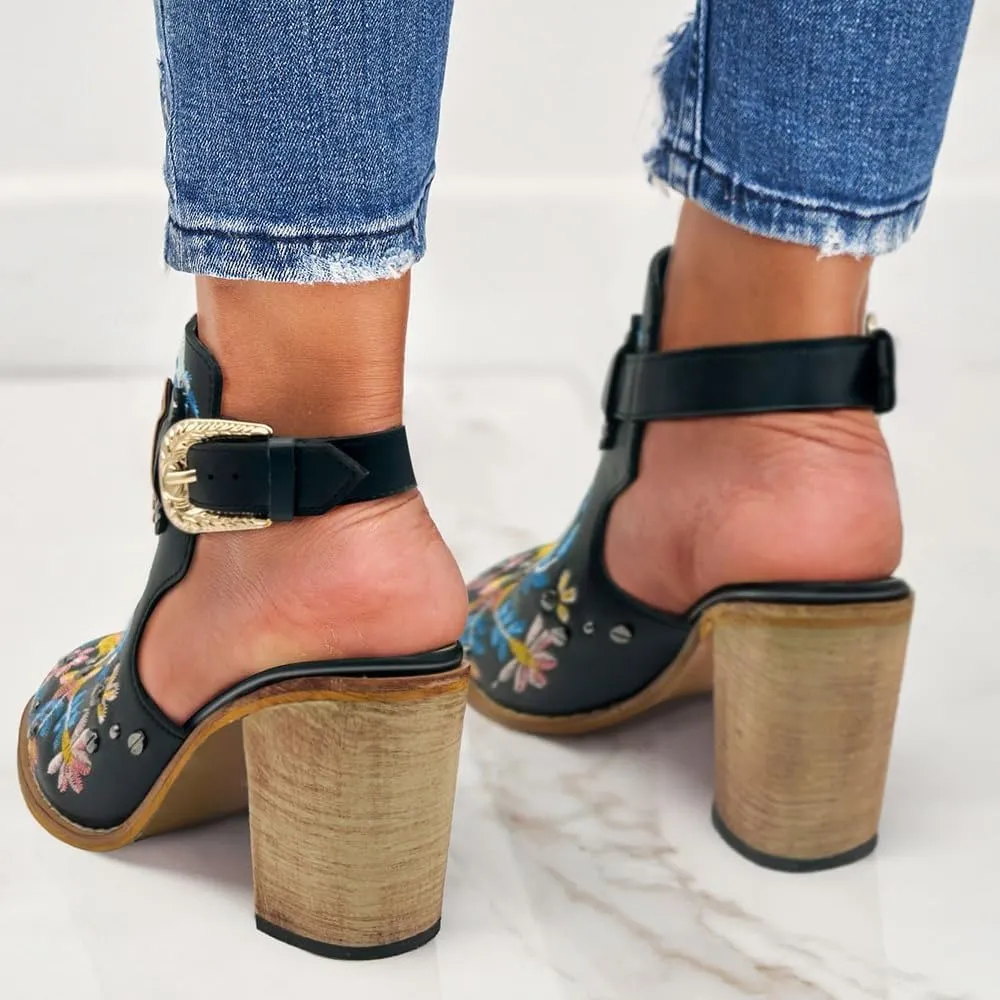 SACFOF Women's Floral Embroidery Ankle Boots Buckled Backless Western Vintage Wooden Chunky Heeled Cowgirl Short Booties
