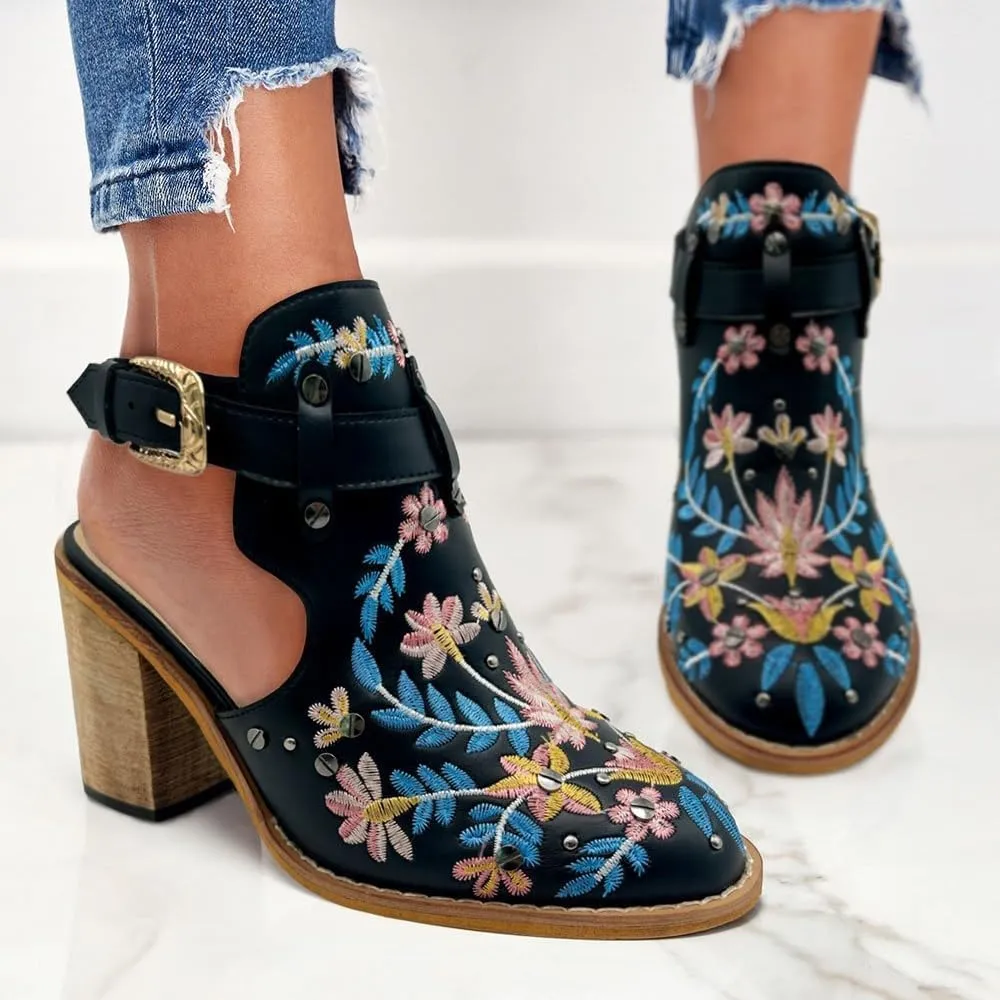 SACFOF Women's Floral Embroidery Ankle Boots Buckled Backless Western Vintage Wooden Chunky Heeled Cowgirl Short Booties
