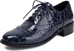 SEIFIN Oxford Shoes for Women Perforated Classic Lace-up Oxfords Brogue Wingtip Brogue Pumps Round Toe Low Heel Patent Leather Flat Dress Vintage Shoes for Ladies Women