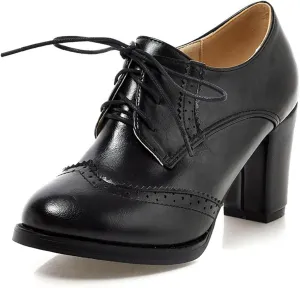 SHEMEE Retro Wingtip Oxfords for Women Chunky Block Heels Brogues Saddle Shoes Round Toe Lace Up Pumps Thick High Heeled Booties