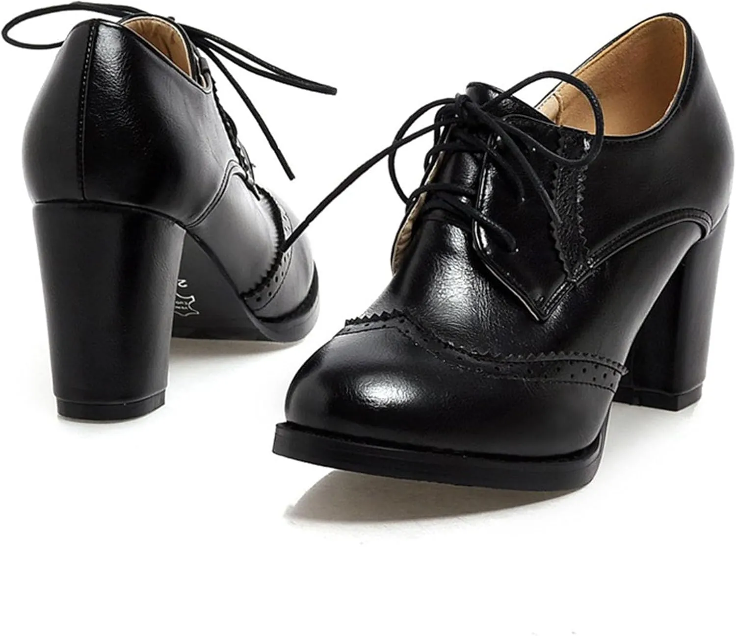 SHEMEE Retro Wingtip Oxfords for Women Chunky Block Heels Brogues Saddle Shoes Round Toe Lace Up Pumps Thick High Heeled Booties