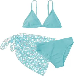 SHENHE Girl's 3 Piece Swimsuit Cute Spaghetti Strap Triangle Bikini with Ditsy Floral Print Cover Up Kid Bathing Suit