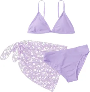 SHENHE Girl's 3 Piece Swimsuit Cute Spaghetti Strap Triangle Bikini with Ditsy Floral Print Cover Up Kid Bathing Suit