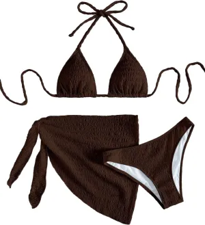 SHENHE Women's 3 Piece Textured High Cut Halter Triangle Bikini Swimsuit with Cover Up