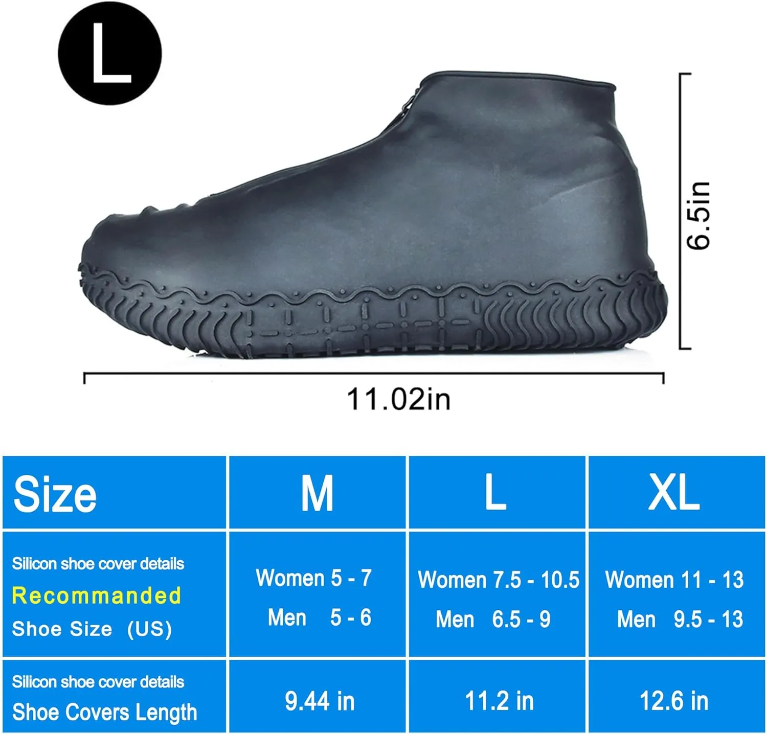 Silicone Waterproof Shoe Covers, Upgrade Reusable Overshoes with Zipper, Resistant Rain Boots Non-Slip Washable Protection for Women, Men (L (Women 7.5-10.5, Men 6.5-9), Black)
