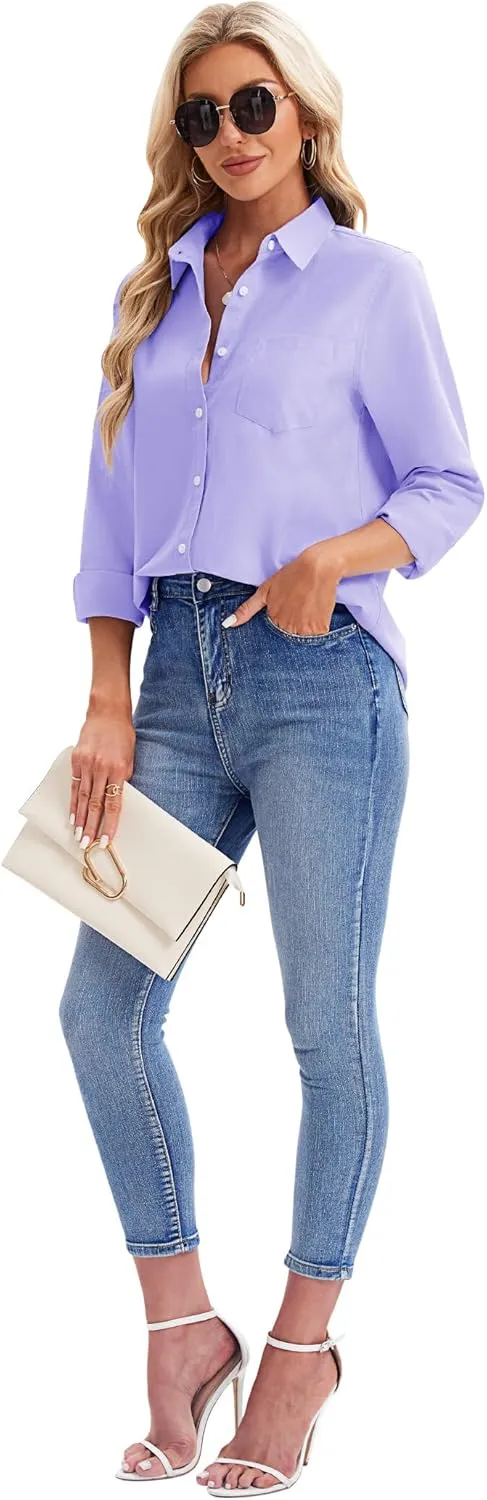siliteelon Womens Button Down Shirts Long Sleeve Collared Office Work Blouses Tops with Pocket Oxford Shirts