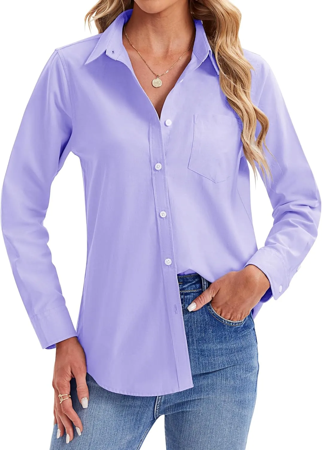 siliteelon Womens Button Down Shirts Long Sleeve Collared Office Work Blouses Tops with Pocket Oxford Shirts