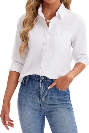 siliteelon Womens Button Down Shirts Long Sleeve Collared Office Work Blouses Tops with Pocket Oxford Shirts